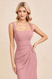 Blush Pink Sheath Satin Square Neck Long Bridesmaid Dress with Slit