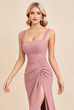 Blush Pink Sheath Satin Square Neck Long Bridesmaid Dress with Slit