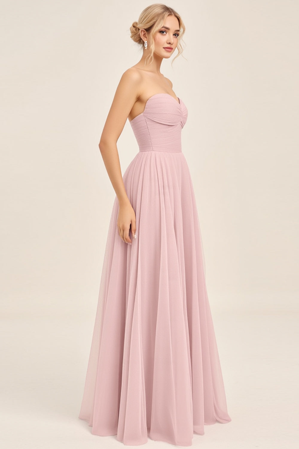 Candy Pink A Line Ruhced Sweetheart Long Bridesmaid Dress