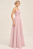 Candy Pink A Line Ruhced Sweetheart Long Bridesmaid Dress