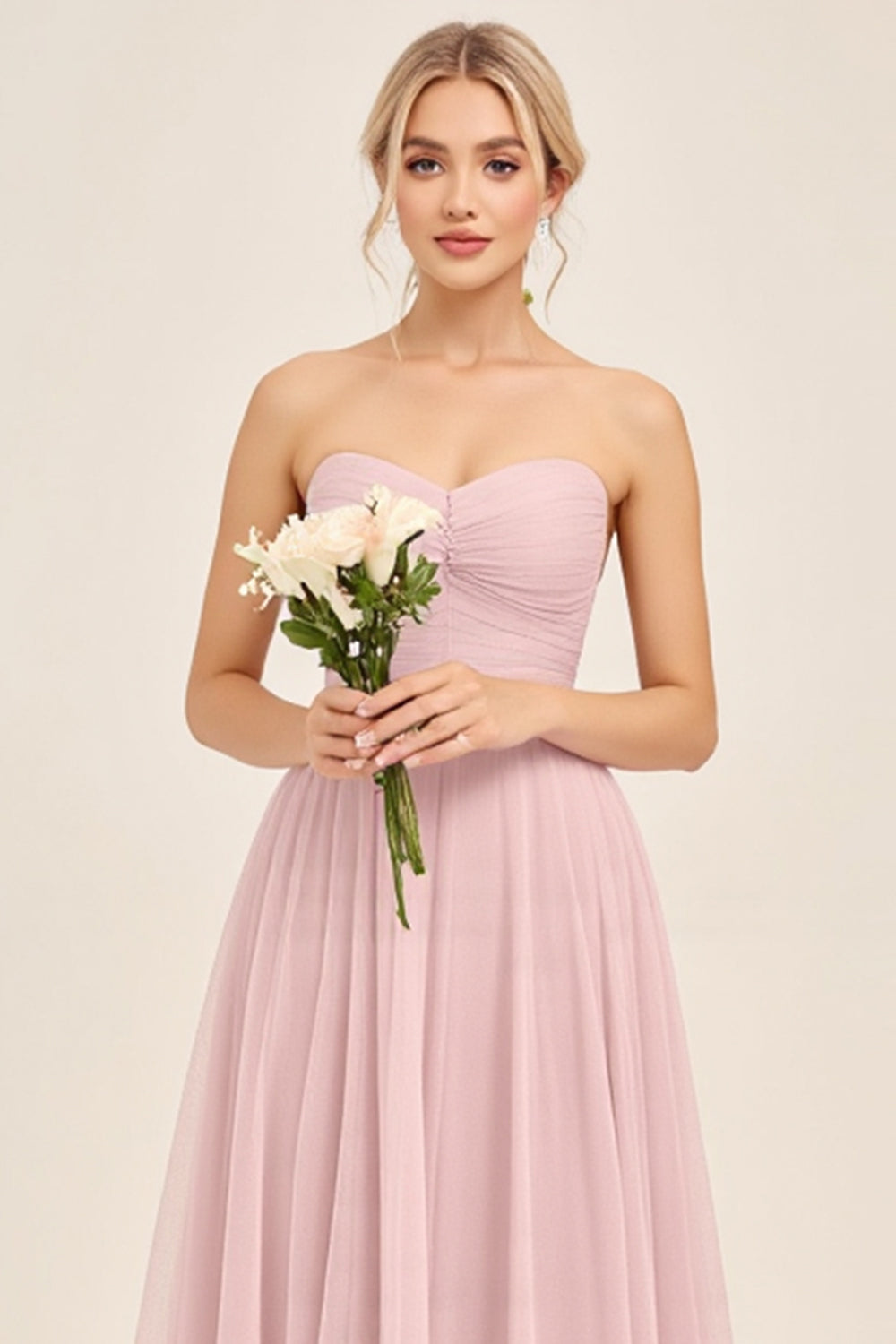 Candy Pink A Line Ruhced Sweetheart Long Bridesmaid Dress