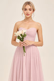 Candy Pink A Line Ruhced Sweetheart Long Bridesmaid Dress