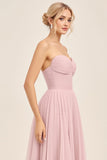 Candy Pink A Line Ruhced Sweetheart Long Bridesmaid Dress