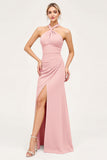 Sheath Candy Pink Halter Backless Long Bridesmaid Dress with Slit