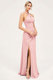 Sheath Candy Pink Halter Backless Long Bridesmaid Dress with Slit