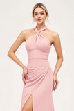 Sheath Candy Pink Halter Backless Long Bridesmaid Dress with Slit