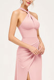 Sheath Candy Pink Halter Backless Long Bridesmaid Dress with Slit