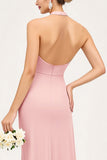 Sheath Candy Pink Halter Backless Long Bridesmaid Dress with Slit