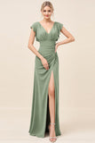 Eucalyptus Sheath Cap Sleeves Long Bridesmaid Dress with Slit