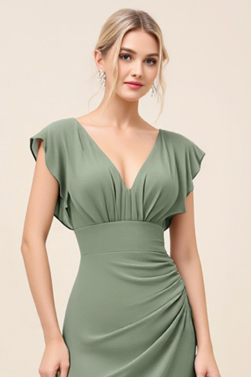 Eucalyptus Sheath Cap Sleeves Long Bridesmaid Dress with Slit