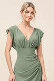 Eucalyptus Sheath Cap Sleeves Long Bridesmaid Dress with Slit