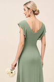 Eucalyptus Sheath Cap Sleeves Long Bridesmaid Dress with Slit
