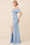 Sheath Dusty Blue Off the Shoulder Long Bridesmaid Dress with Slit