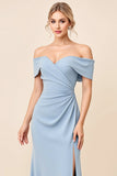 Sheath Dusty Blue Off the Shoulder Long Bridesmaid Dress with Slit