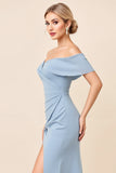 Sheath Dusty Blue Off the Shoulder Long Bridesmaid Dress with Slit