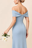 Sheath Dusty Blue Off the Shoulder Long Bridesmaid Dress with Slit