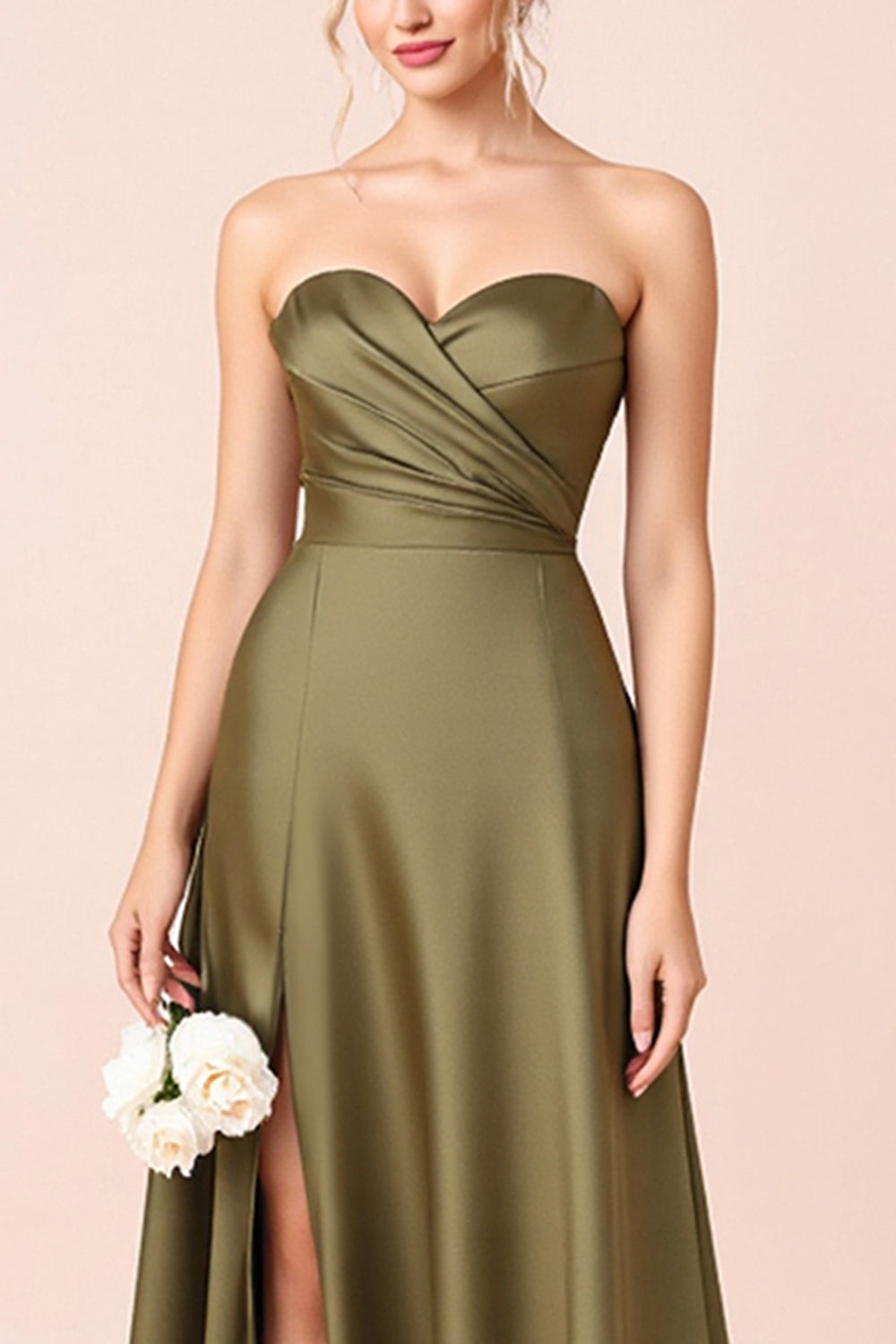 A Line Olive Satin Backless Long Bridesmaid Dress with Slit