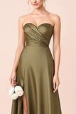 A Line Olive Satin Backless Long Bridesmaid Dress with Slit