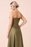 A Line Olive Satin Backless Long Bridesmaid Dress with Slit