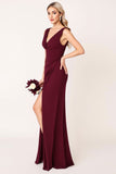 Burgundy Sheath Sleeveless Long Bridesmaid Dress with Slit