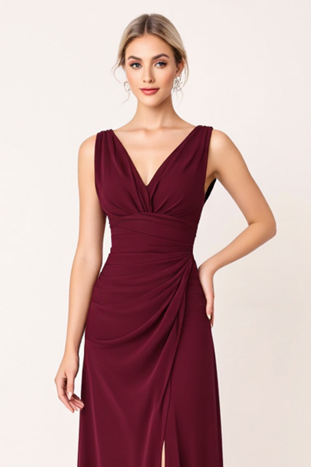 Burgundy Sheath Sleeveless Long Bridesmaid Dress with Slit