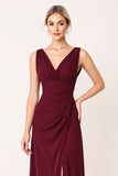 Burgundy Sheath Sleeveless Long Bridesmaid Dress with Slit