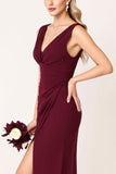 Burgundy Sheath Sleeveless Long Bridesmaid Dress with Slit