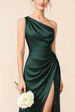 One Shoulder Pine Satin Long Bridesmaid Dress with Slit
