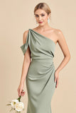 Matcha Sheath Satin One Shoulder Long Bridesmaid Dress
