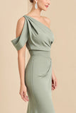 Matcha Sheath Satin One Shoulder Long Bridesmaid Dress