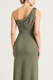 Sheath Olive One Shoulder Long Bridesmaid Dress with Slit