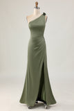 Sheath Olive One Shoulder Long Bridesmaid Dress with Slit