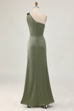 Sheath Olive One Shoulder Long Bridesmaid Dress with Slit
