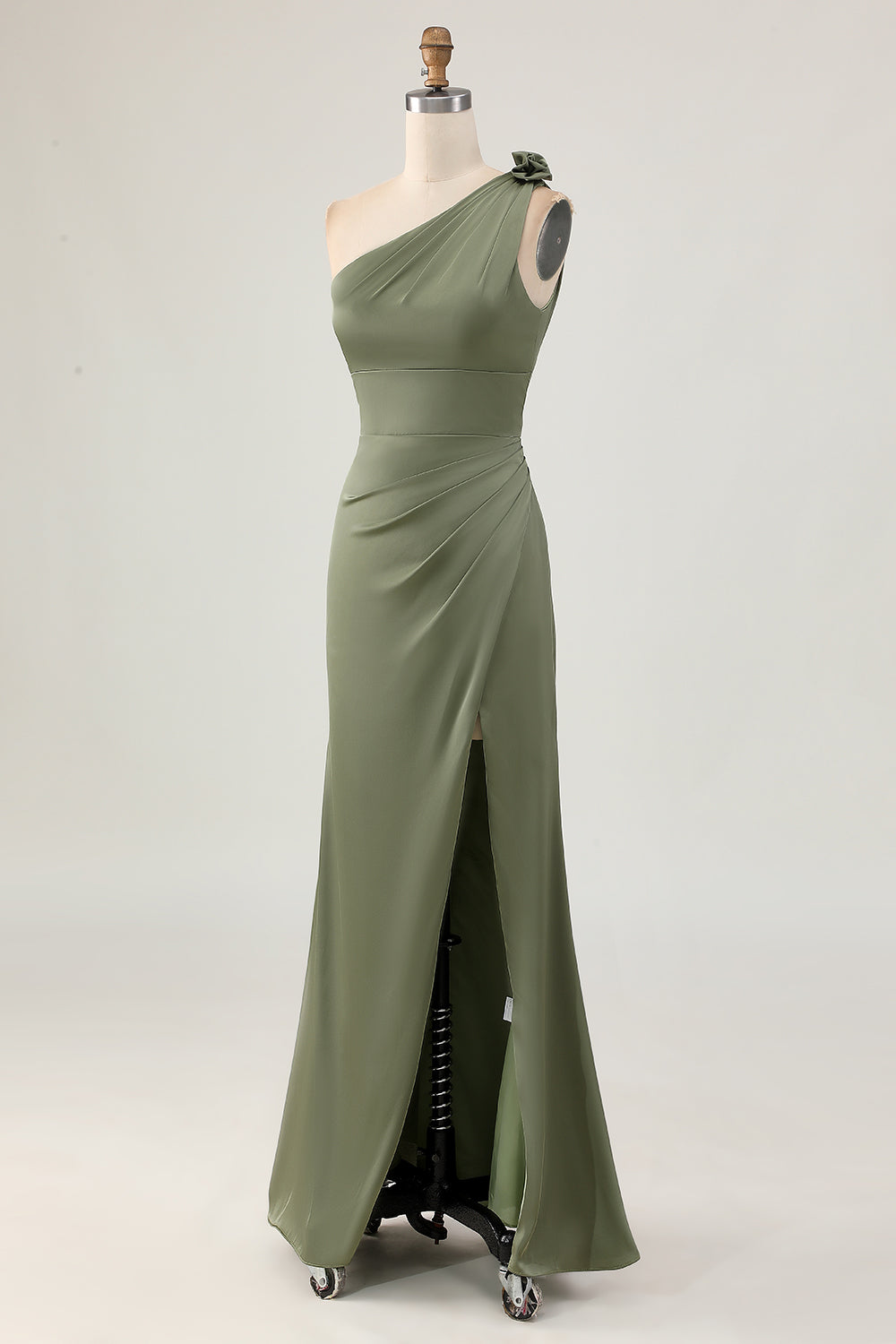 Eucalyptus Satin Ruched One Shoulder Long Bridesmaid Dress with Slit