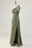 Eucalyptus Satin Ruched One Shoulder Long Bridesmaid Dress with Slit