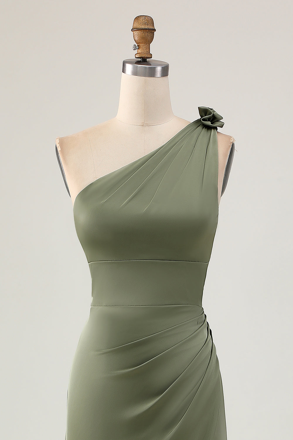 Eucalyptus Satin Ruched One Shoulder Long Bridesmaid Dress with Slit