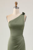 Eucalyptus Satin Ruched One Shoulder Long Bridesmaid Dress with Slit