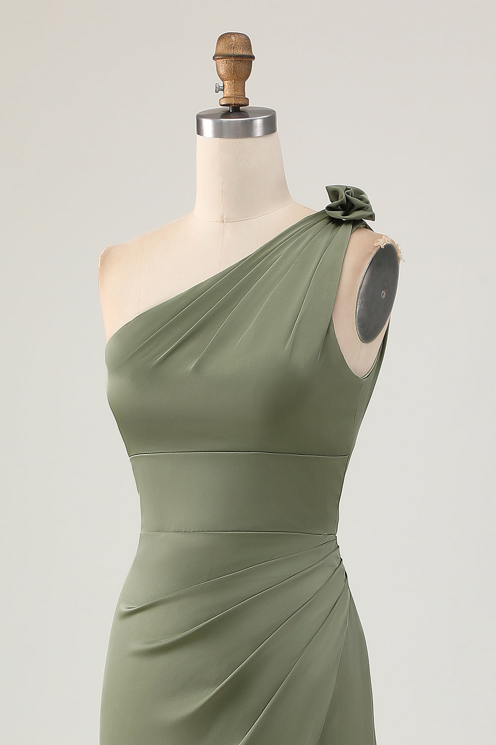 Eucalyptus Satin Ruched One Shoulder Long Bridesmaid Dress with Slit