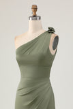 Eucalyptus Satin Ruched One Shoulder Long Bridesmaid Dress with Slit