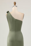 Eucalyptus Satin Ruched One Shoulder Long Bridesmaid Dress with Slit