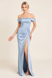 Dusty Blue Square Neck Long Satin Bridesmaid Dress with Slit
