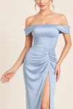 Dusty Blue Square Neck Long Satin Bridesmaid Dress with Slit