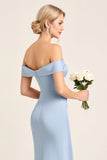 Dusty Blue Square Neck Long Satin Bridesmaid Dress with Slit