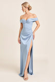Satin Dusty Blue Sheath Backless Long Bridesmaid Dress with Slit