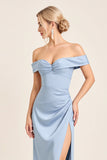 Satin Dusty Blue Sheath Backless Long Bridesmaid Dress with Slit
