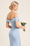 Satin Dusty Blue Sheath Backless Long Bridesmaid Dress with Slit