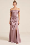 Vintage Mauve Satin Sheath Long Bridesmaid Dress with Slit