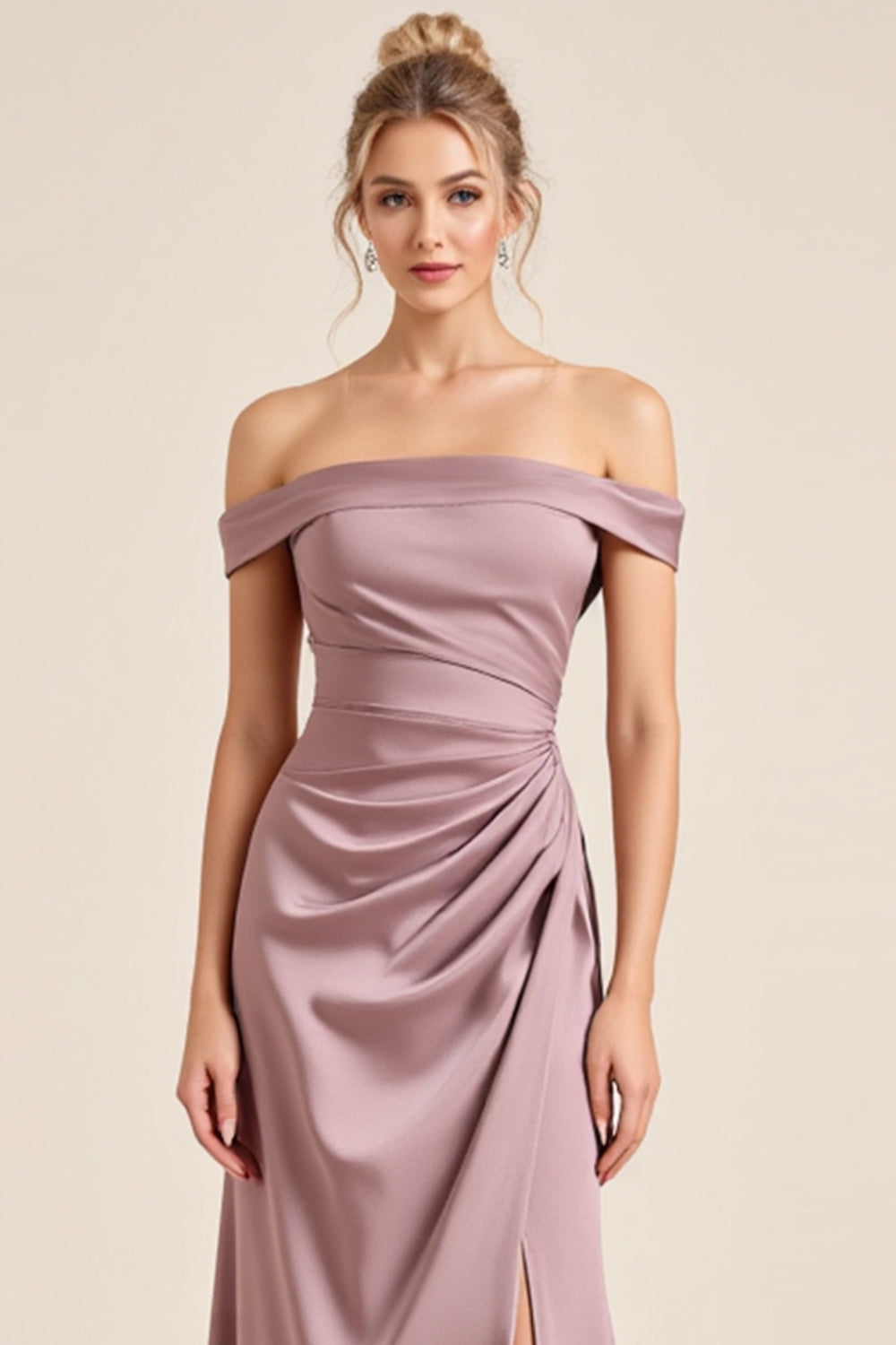Vintage Mauve Satin Sheath Long Bridesmaid Dress with Slit