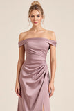 Vintage Mauve Satin Sheath Long Bridesmaid Dress with Slit