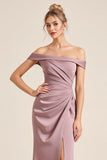 Vintage Mauve Satin Sheath Long Bridesmaid Dress with Slit